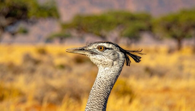 Kori bustard displaying throat puff in African savanna close-up wildlife portrait
