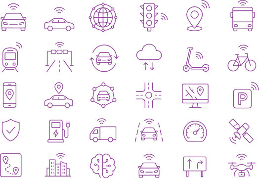 Smart transportation icon set minimalist line art connected mobility system