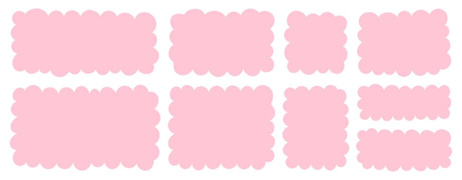 Pastel pink scalloped frames with rounded edges. Set of rectangle shapes. Cute fluffy cloud labels. Hand drawn girly background templates, badges, border elements.
