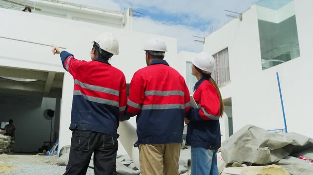 Construction worker team safety helmet modern house building site meeting back view reflective jacket outdoor work project discussion progress and planning concept
