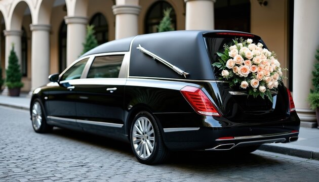 Black luxury hearse decorated with peach roses drives on cobblestone street. Funeral car with floral arrangement stands near classic building. Solemn transport for last journey.