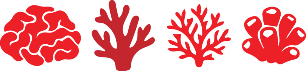 Fototapeta premium Red coral types collection icon set isolated on transparent background.