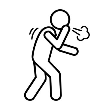 Coughing man stick figure icon, minimalist line art of person covering mouth for flu illness symptoms, allergy, and public health concept.
