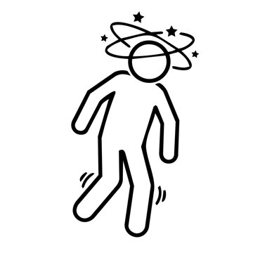 Dizzy man stick figure icon, minimalist line art of person with stars spinning around head for vertigo, illness symptoms, and loss of balance concept.
