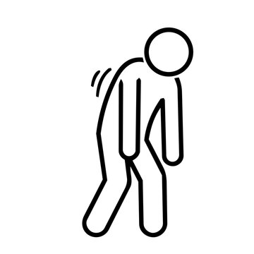 Tired man stick figure icon, minimalist line art of person slumping with exhaustion symbols for burnout, depression, and mental health concept.