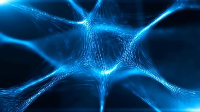 Neural network lines glowing blue with flowing light trails, futuristic digital connection background for technology and AI concepts