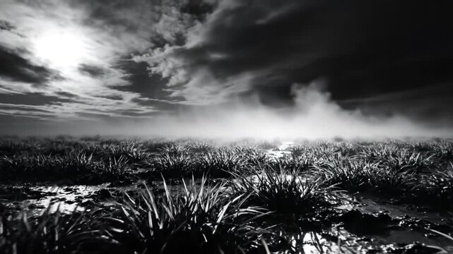Dramatic black and white landscape of long grasses, mist, and dark cloudy sky emphasizing mystery and foreboding.