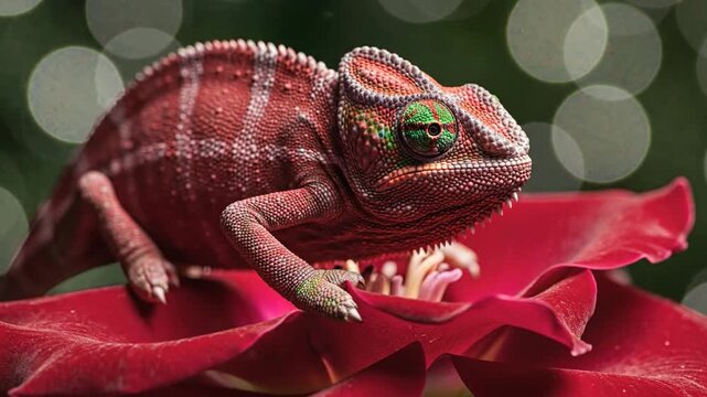 Red Chameleon Resting on a Vibrant Rose Petal
