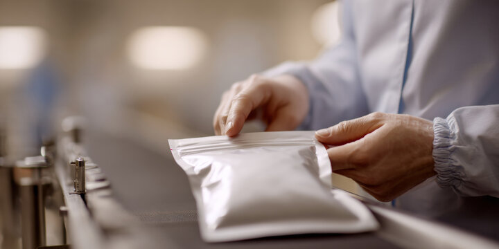 Hands sealing white pouch on conveyor belt