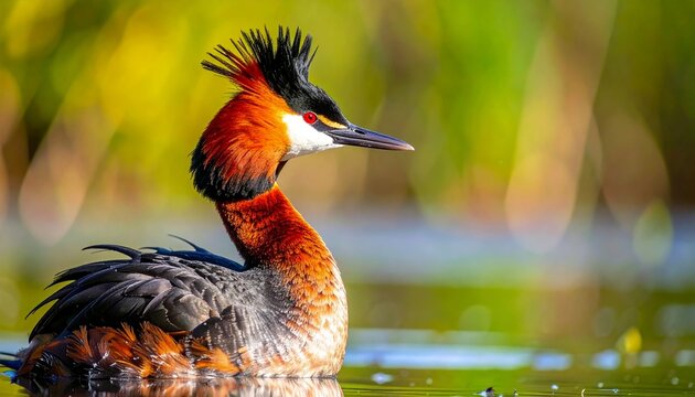 Great crested grebe with raised head crest and chestnut ruff displaying in freshwater wetland during spring