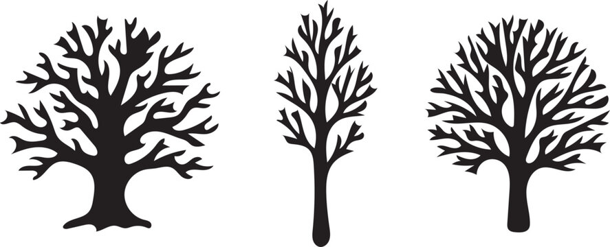 Set of black tree silhouettes isolated on a grey grid background design.