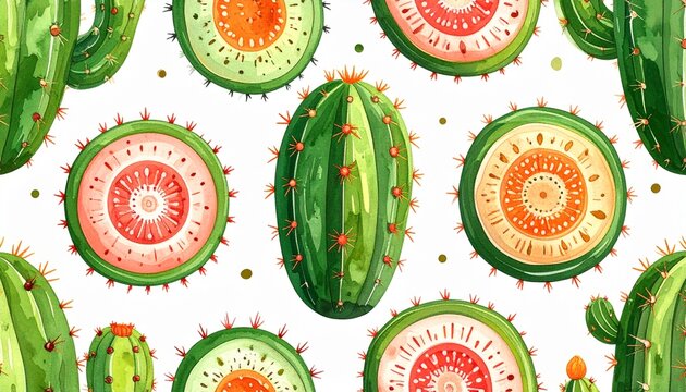 Seamless pattern of cactus cross-sections with vibrant internal textures on white background, flat illustration