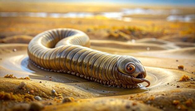 Lugworm coiled on mudflat surface in intertidal zone close-up macro nature shot