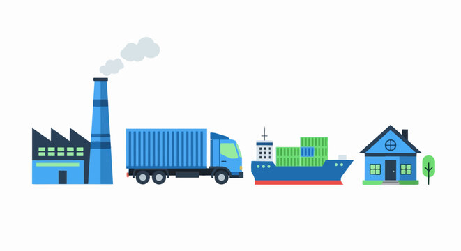 Global Supply Chain and Logistics Management Concept with Factory, Truck, Cargo Ship and Home Delivery - Flat Vector Illustration