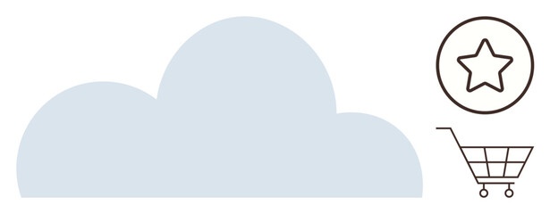 Fototapeta premium Cloud services, e-commerce, digital shopping, customer review, online storage, data platforms. Cloud shape with a shopping cart and star icon. Cloud services and e-commerce concept