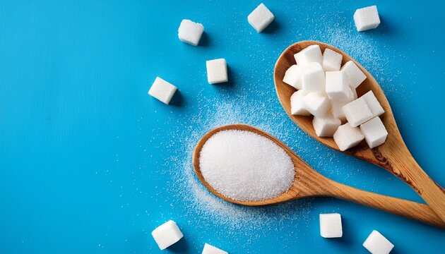 white refined sugar in wooden spoons sugar cubes scattered on blue background flat lay top view sweet food product ingredient for cooking baking sucrose simple carbohydrates food background