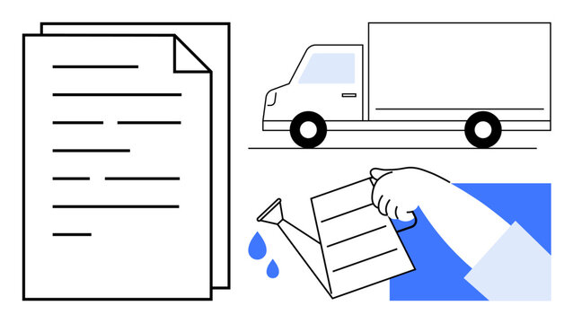 Business operations, logistics solutions, document workflows, sustainability, growth strategies, resource management. A truck, documents and a watering can with hand. Logistics and growth strategies