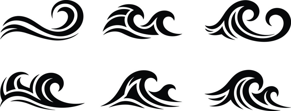 Ocean wave tribal collection set, nautical water swirl vector illustration isolated black tattoo design elements bundle