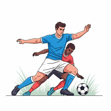 Two soccer players tackling for possession