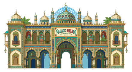 palace arcade facade detailed oriental style building illustration © Anupom