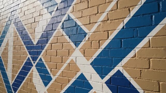 Side view of a textured brick wall painted with a geometric pattern of intersecting diagonal blue and white stripes over a beige background, creating a modern mural art design.
