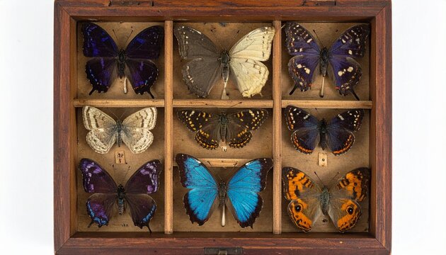 Colorful butterfly collection pinned in wooden specimen drawer for museum taxonomy display