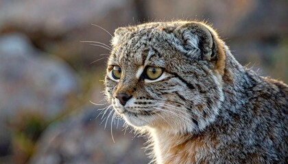 Fototapeta premium Wild Pallas's Cat Close-Up Portrait with Wide Pupils in Natural Rocky Habitat