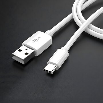 White usb cable with usba and usbc connectors on dark surface