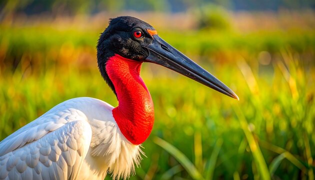 Jabiru Stork with Inflated Red Neck Patch in Wetland Grassland Close-Up Portrait