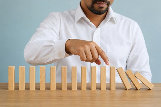 Man in a white shirt initiates a domino effect by touching the first block in a line of wooden dominoes, symbolizing causality and consequences.