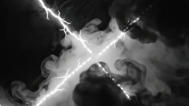 Black and white abstract background with cross of electric lightnings and mystical smoke elements