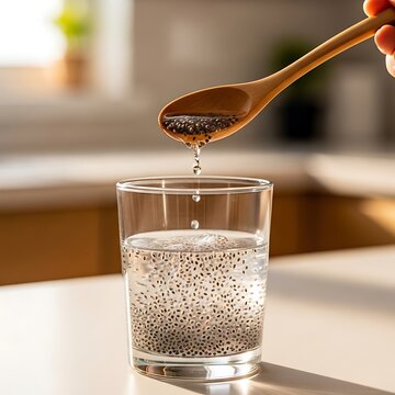 Hand pouring chia seeds into a glass of water on a kitchen counter