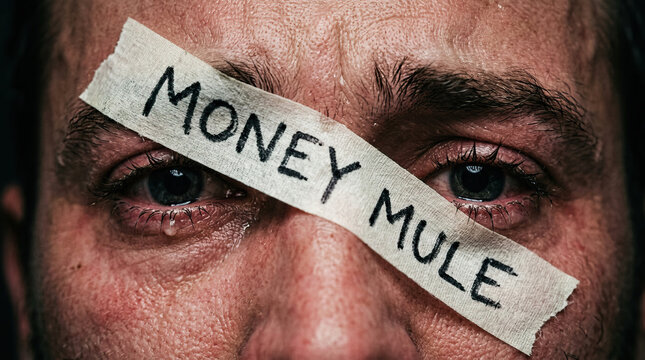 Man with tape labeled money mule over eyes, showing emotional distress and tear, close up of face with textured skin and dark background