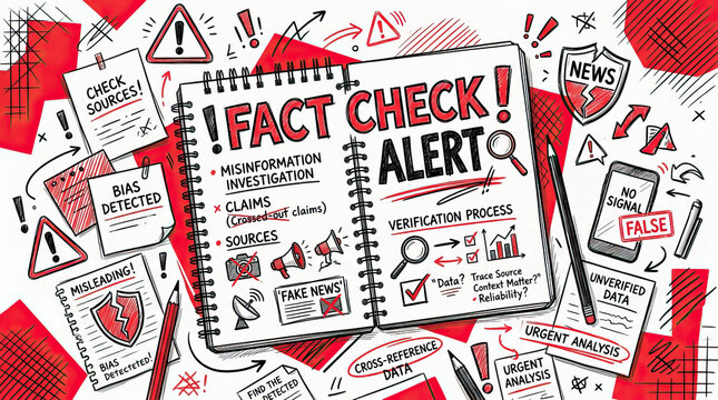 Fact check alert concept artwork with misinformation investigation, bias detection, verification process, and urgent analysis emphasizing false news and unverified data dynamic red and black