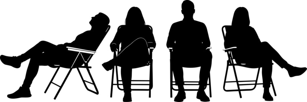 Silhouette of four diverse people sitting on folding chairs, group of men and women waiting, audience members watching event, isolated.
