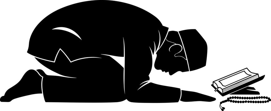 Silhouette of Muslim man praying in sujud prostration position with Holy Quran and tasbih prayer beads on white background vector.
