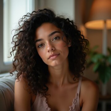 Young woman with curly dark hair poses indoors. She has light freckles and a gentle smile, looking relaxed and content. Natural light illuminates her face, creating a warm atmosphere.