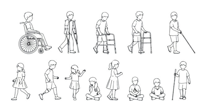 Disabled children line art icons, set of 13 diverse kids with disabilities, wheelchair and crutches vector illustrations for inclusive education