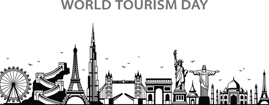 World Tourism Day Vector Illustration Featuring Famous Global Landmarks, Iconic Monuments, Skyline Silhouettes, Travel Icons, Cultural Destinations, and International Tourism Celebration Design