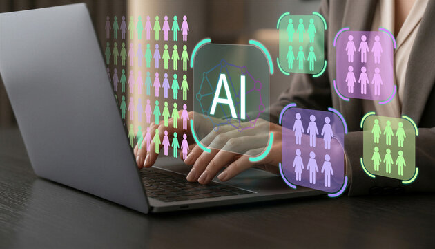 AI customer segmentation and target audience. Digital interface for audience targeting, customer groups and consumer analytics. Businesswoman using laptop for AI customer segmentation