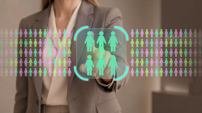 Customer segmentation and target audience. Digital interface with customer groups, audience targeting and demographic segmentation. Businesswoman using virtual interface for customer segmentation