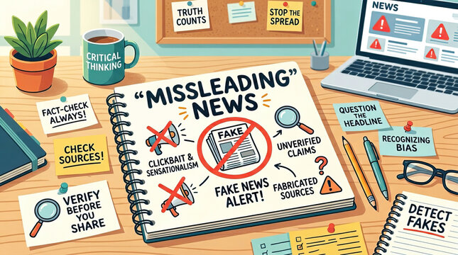 Misleading news concept with sketchbook showing fake news alert, fact check notes, critical thinking mug, laptop with news alerts, and tools for verifying information on wooden desk