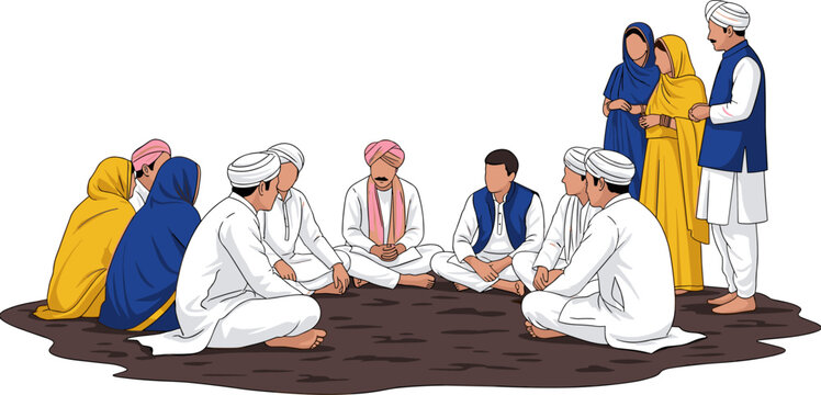 Traditional, Indian, village, Panchayat, meeting, illustration, showing, community, elders, and, women, gathered, outdoors, for, a, rural, council, discussion, session, scene