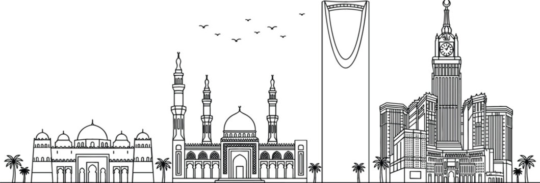 Saudi Arabia Vector Illustration Featuring Mecca and Riyadh Skyline, Mosques, Clock Tower, Skyscrapers, Islamic Architecture, Palm Trees, and Middle East Urban Landmarks