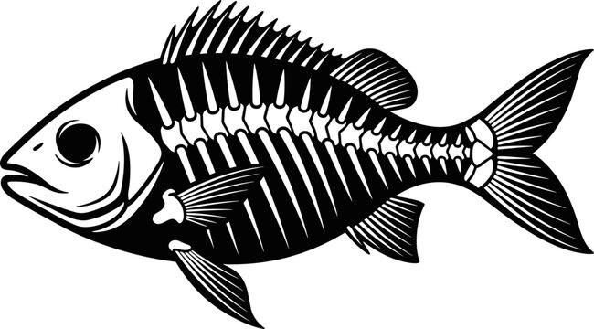 Silhouette, of, a, fish, skeleton, with, bones, and, spine, isolated, on, white, background, representing, anatomy, death, marine, life, fossils, and, biology.
