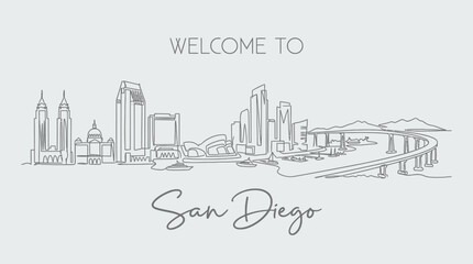 Fototapeta premium San Diego Skyline Continuous Line Art: Welcome Graphic