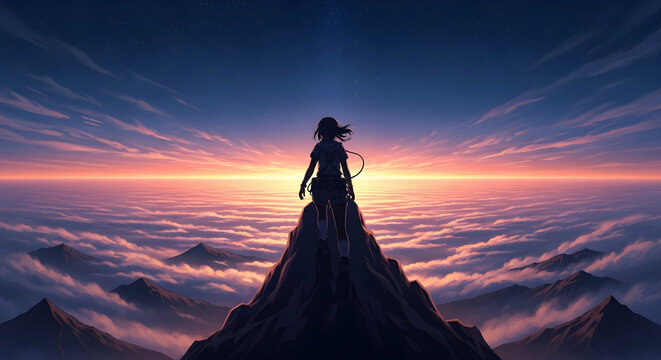 Silhouette of woman on mountain peak.