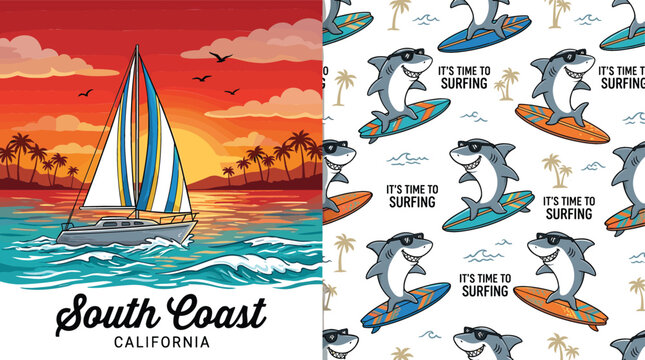 South Coast California Sunset Sailboat Vector Illustration with Ocean Waves, Palm Trees, Birds, and Tropical Coastal Travel Design for Summer and Nautical Artwork