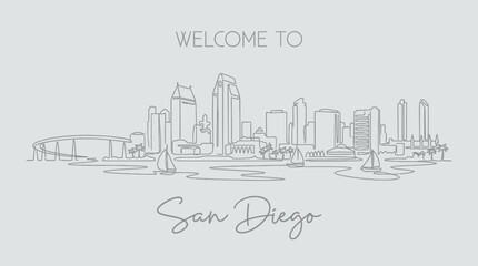 Naklejka premium San Diego Skyline: Elegant Line Art Illustration with Boats