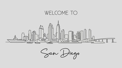 Fototapeta premium San Diego Skyline Sketch: Welcome Greeting against Grey Backdrop